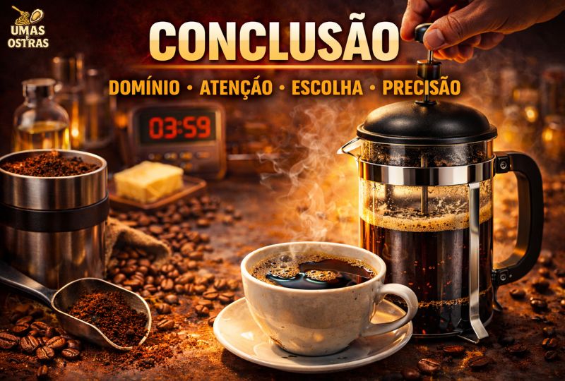 Conclusão sobre preparo de café na Prensa Francesa com controle de tempo, moagem grossa e extração rica em óleos naturais