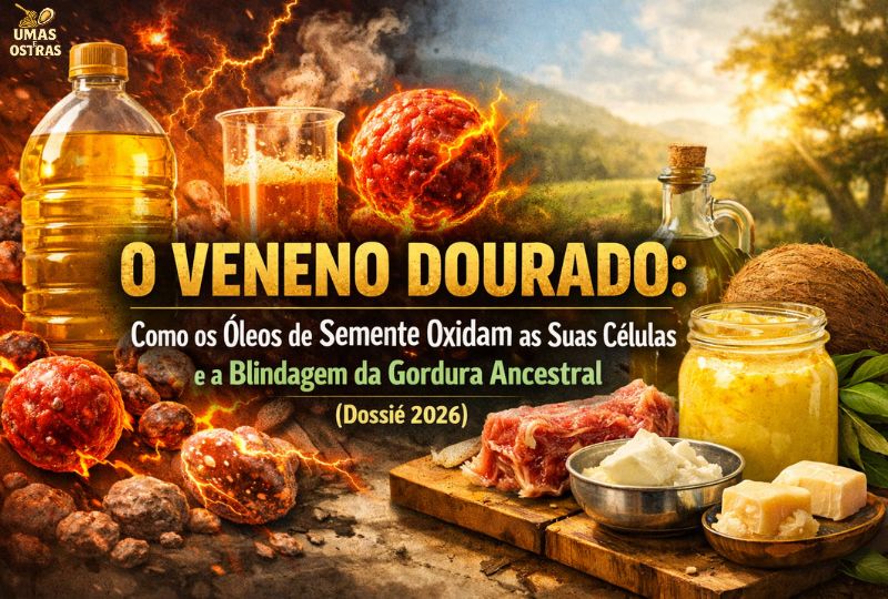 Infográfico comparativo revelando a fraude dos óleos de semente. De um lado, o óleo de soja instável e tóxico, gerando inflamação celular e oxidação térmica. Do outro, a blindagem imbatível da gordura ancestral (Manteiga Ghee, Banha e Óleo de Coco) armazenada em potes de vidro maciço, garantindo a imunidade e a testosterona.