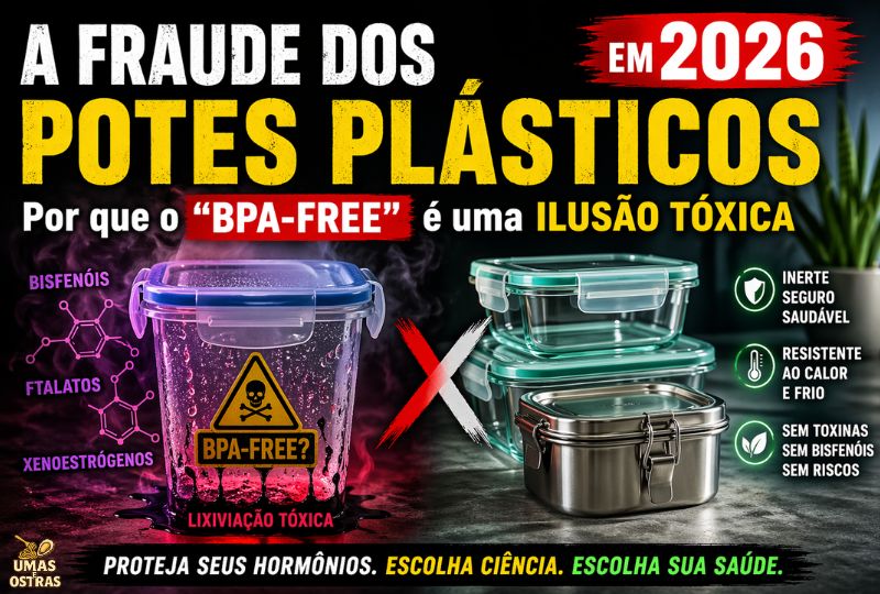Infográfico que compara potes plásticos lixiviando bisfenóis e xenoestrógenos sob vapor tóxico com potes herméticos de vidro e aço inoxidável inertes, resistentes e seguros para a saúde hormonal.