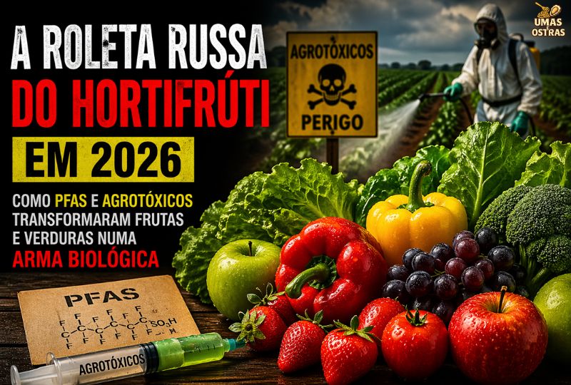 Infográfico de alerta sobre resíduos químicos nos alimentos, mostrando frutas e verduras frescas misturadas com uma seringa rotulada 'AGROTÓXICOS' e um envelope 'PFAS' com estrutura molecular química. Ao fundo, um trabalhador agrícola em traje de proteção hazmat pulveriza químicos perto de um sinal de aviso com caveira. Título grande: 'A Roleta Russa do Hortifrúti em 2026'.