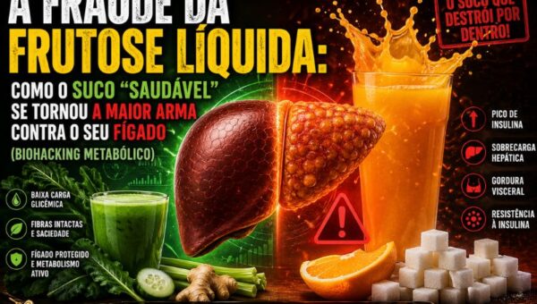 Infográfico de biohacking dividindo a tela ao meio. À esquerda (verde), um fígado saudável com um suco verde nutritivo, indicando baixa carga glicêmica e metabolismo ativo. À direita (vermelho), um fígado doente com esteatose hepática ao lado de um copo de suco de laranja e uma montanha de cubos de açúcar, alertando para pico de insulina e gordura visceral. Texto central: A Fraude da Frutose Líquida: Como o suco saudável se tornou a maior arma contra o seu fígado. Texto inferior: Fruta inteira nutre. Frutose líquida adoece.