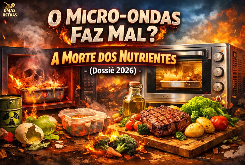 Composição visual dramática e ardente contrastando um forno de micro-ondas com um crânio humano ardente dentro e chamas, símbolos de radiação nuclearr, ovos quebrados e plásticos derretendo, contra um forno elétrico tradicional cozinhando vegetais e comida fresca como steak grelhado e brócolis em uma tábua de madeira. O texto sobreposto lê 'O MICRO-ONDAS FAZ MAL?', 'A MORTE DOS NUTRIENTES', e '(Dossiê 2026)'. Estilo de fotografia de estúdio hiper-realista.