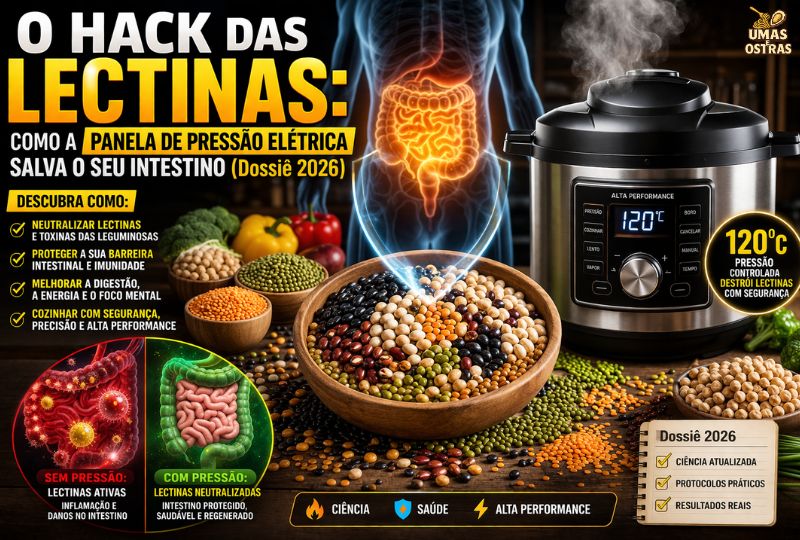 Infográfico comparativo de biohacking sobre lectinas. Lado esquerdo vermelho: panela de pressão tradicional com texto 'O PERIGO DA TRADIÇÃO' e 'Morte do Intestino?'. Lado direito verde: panela de pressão elétrica com texto 'A SOLUÇÃO DO BIOHACKING' e 'Câmara de Descontaminação'. Lista de termos técnicos: Tight Junctions, Termodinâmica Estável e Inativação Total. Subtítulo: 'Como a Panela de Pressão Elétrica Salva o Seu Intestino'. Logo: Umas e Ostras Dossiê 2026.