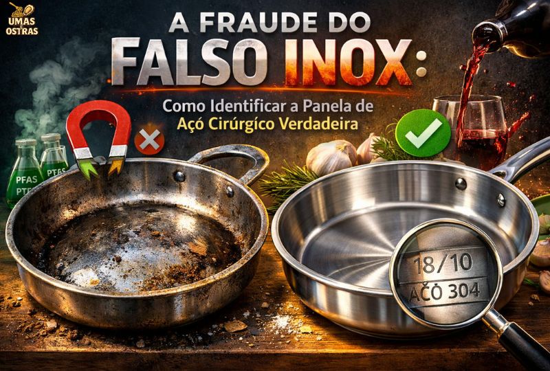 Infográfico tático revelando a fraude do falso inox. À esquerda, uma panela falsa, suja e oxidada atraindo um ímã (reprovada), lixiviando metais pesados e químicos. À direita, a blindagem da panela de aço cirúrgico verdadeira, reluzente, resistindo à acidez do vinho e com destaque em lupa para a gravação de autenticidade 18/10 (Aço 304).