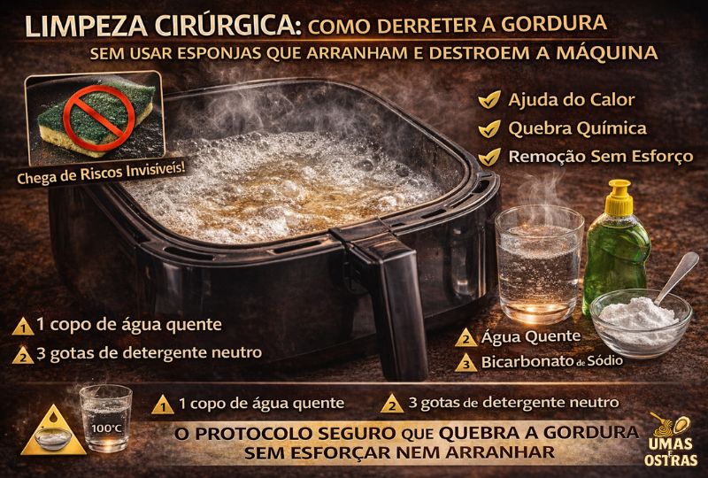 Airfryer sendo limpa com água quente, detergente e bicarbonato mostrando método sem abrasão que remove gordura sem danificar o revestimento