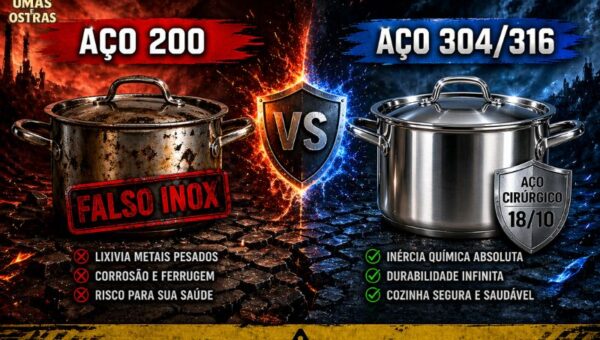 Infográfico de comparação entre panelas de aço inox baratas (Série 200, enferrujadas e que lixiviam metais pesados) e panelas de aço cirúrgico autênticas (Série 304/316, 18/10, inertes e duráveis), com texto em português alertando sobre fraude industrial em 2026.