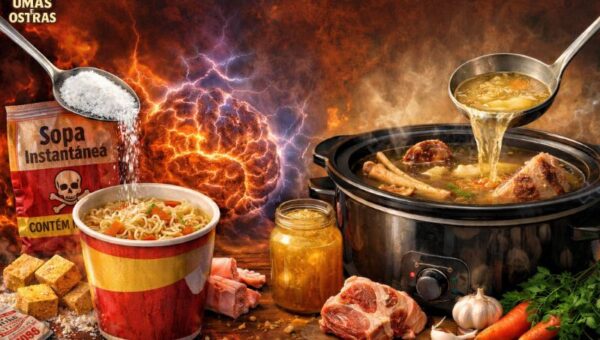Comparação entre sopa instantânea industrial com glutamato e caldo de ossos natural feito em slow cooker com ingredientes reais