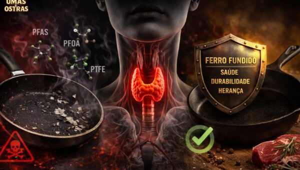Comparação entre panela antiaderente com Teflon liberando toxinas e frigideira de ferro fundido segura para saúde