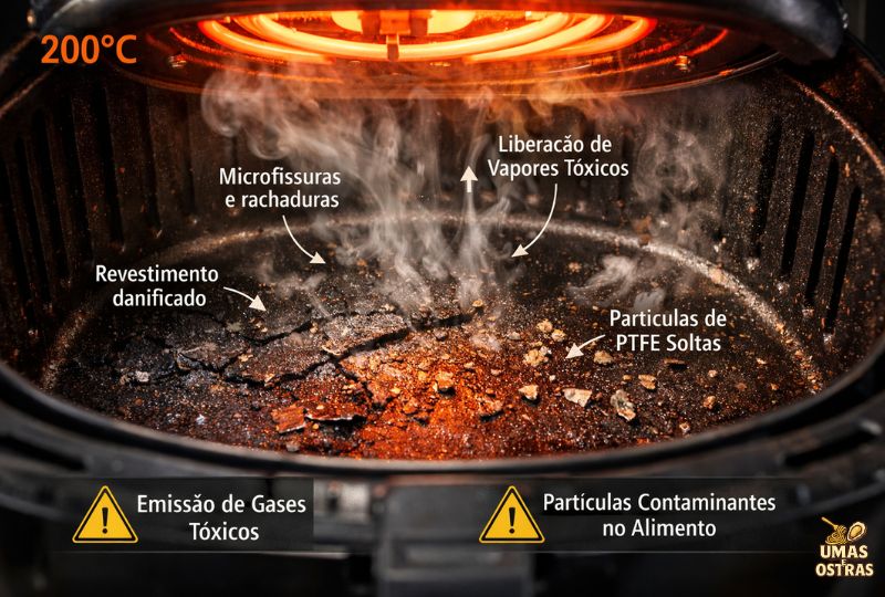 Interior de airfryer com revestimento de Teflon danificado liberando vapores tóxicos e partículas contaminantes a 200 graus