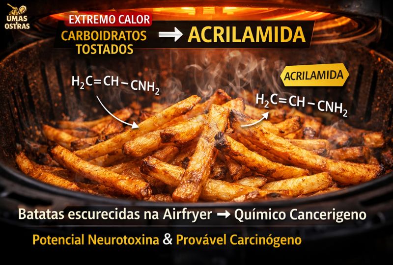 Batatas fritas na airfryer com diferentes níveis de escurecimento mostrando formação de acrilamida devido ao calor extremo