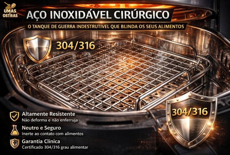 Interior de airfryer com grade de aço inoxidável 304/316 mostrando superfície resistente, segura e sem revestimento antiaderente