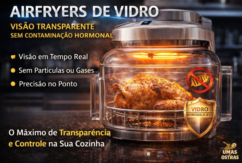 Airfryer transparente de vidro borossilicato mostrando alimento sendo preparado com controle visual em tempo real e sem revestimento químico