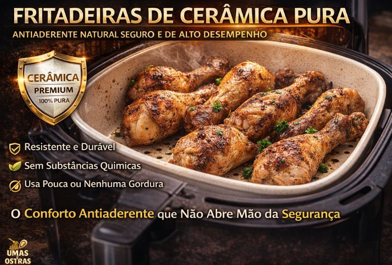 Airfryer com cesto de cerâmica premium mostrando alimento dourado com antiaderência natural e sem revestimentos tóxicos