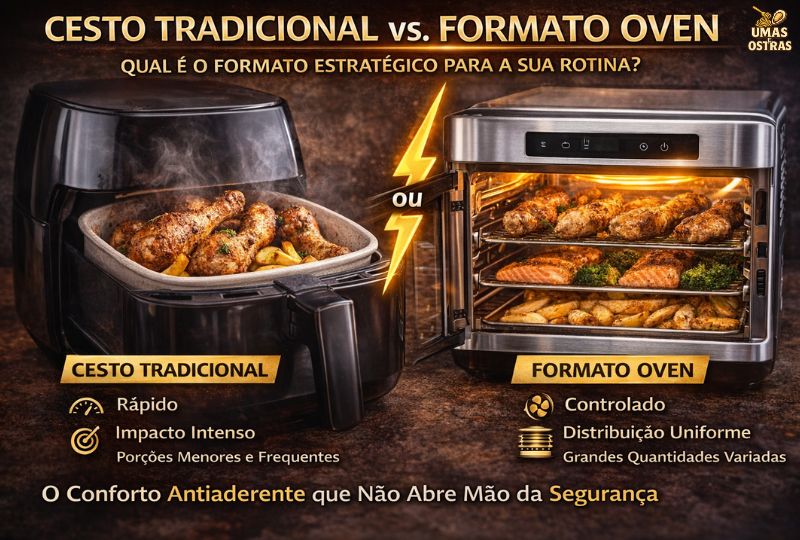 Comparação entre airfryer de cesto e modelo oven mostrando diferenças na circulação de ar, capacidade e distribuição de calor