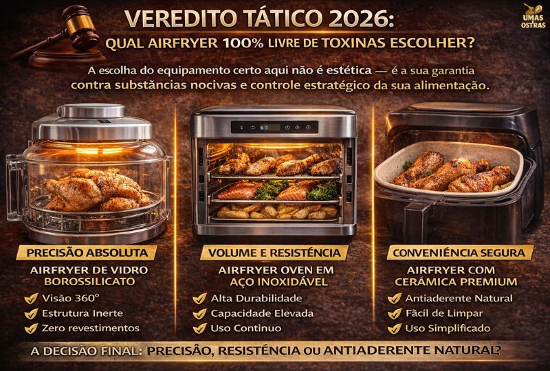 Comparação entre airfryers de vidro, aço inox e cerâmica premium destacando opções seguras sem toxinas e alta performance em 2026