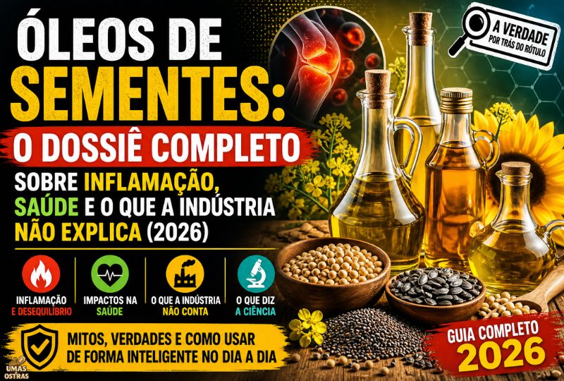 Capa de dossiê investigativo sobre óleos de sementes. O texto principal diz: 'Óleos de Sementes: O Dossiê Completo Sobre Inflamação, Saúde e o Que a Indústria Não Explica (2026)'. À direita, garrafas de óleo vegetal dourado cercadas por tigelas de madeira cheias de grãos de soja, sementes de girassol e canola escura. No canto superior direito, um destaque visual médico mostrando uma articulação do joelho com forte inflamação vermelha e células em estresse oxidativo. Na base inferior, ícones de alerta para Inflamação, Impactos na Saúde e Ciência, com a faixa amarela 'Mitos, Verdades e Como Usar de Forma Inteligente no Dia a Dia'.