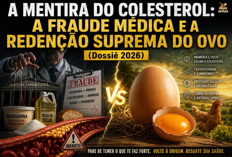 Capa de infográfico tático de biohacking para o Dossiê 2026 sobre a mentira do colesterol. À esquerda, um pote de margarina derretendo com um sinal de alerta vermelho escrito 'GORDURA TRANS / INFLAMAÇÃO'. À direita, um ovo caipira partido ao meio mostrando uma gema de cor laranja vibrante, com um brilho de energia e as palavras 'COLINA / TESTOSTERONA / HDL'. No centro, as artérias de um coração humano em perfeitas condições. Título alternativo SEO: 'Colesterol Faz Mal? (Dossiê 2026)'.