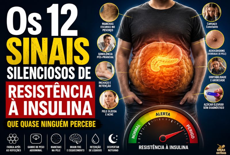 Infográfico tático mostrando os 12 sinais físicos de resistência à insulina no corpo humano, incluindo manchas escuras no pescoço (Acantose Nigricans), barriga de gordura visceral e marcadores de inflamação celular crônica.