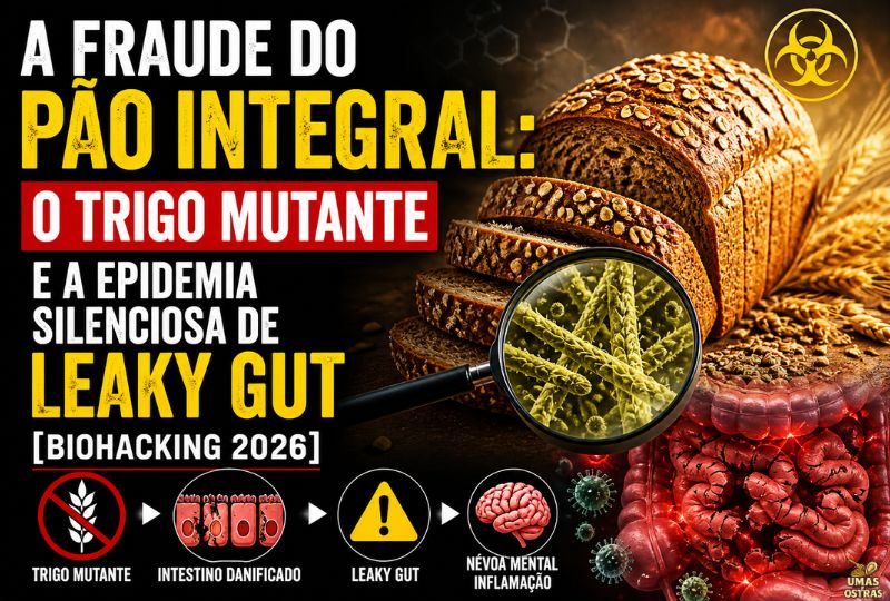 Infográfico de biohacking revelando os perigos do pão integral. Texto principal diz: 'A Fraude do Pão Integral: O Trigo Mutante e a Epidemia Silenciosa de Leaky Gut [Biohacking 2026]'. Ao fundo, um pão integral fatiado com um símbolo de risco biológico. Uma lupa destaca estruturas microscópicas agressivas do glúten. À direita, um intestino humano severamente inflamado e vermelho. Na base inferior, um fluxograma mostra a progressão do dano: Trigo Mutante (símbolo cortado), Intestino Danificado (células rasgadas), Leaky Gut (alerta) e Névoa Mental Inflamação (cérebro humano).