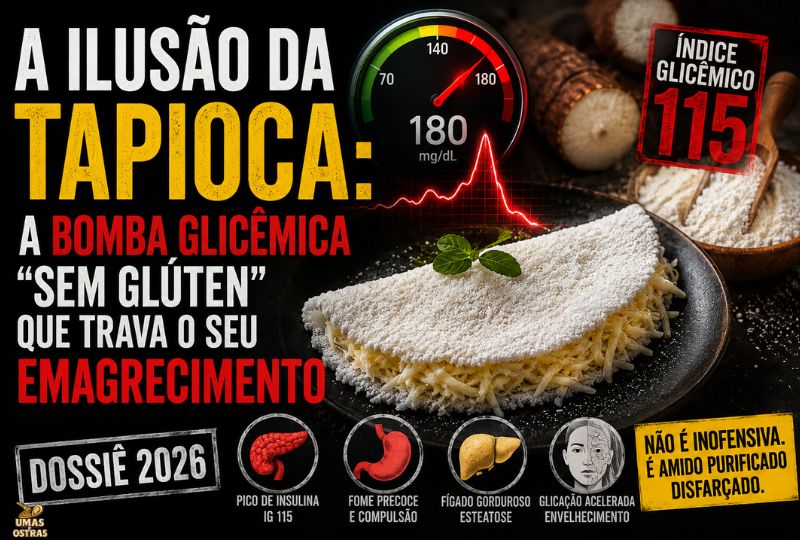 Cartaz infográfico dramático intitulado "A ILUSÃO DA TAPIOCA: A BOMBA GLICÊMICA "SEM GLÚTEN" QUE TRAVA O SEU EMAGRECIMENTO (Dossiê 2026)". A imagem apresenta um prato de tapioca deliciosa recheada com queijo, um medidor de glicose no sangue marcando 180 mg/dL e um carimbo vermelho de "ÍNDICE GLICÊMICO 115". Ícones no rodapé mostram Pâncreas (Pico de Insulina IG 115), Estômago (Fome Precoce e Compulsão), Fígado (Gorduroso Esteatose) e Rosto (Glicação Acelerada Envelhecimento). Um carimbo amarelo diz: "NÃO É INOFENSIVA. É AMIDO PURIFICADO DISFARÇADO.". Ao fundo, raízes de mandioca inteiras e pó de tapioca em tigelas. Título alternativo SEO: 'A Fraude da Tapioca Fit: Bomba Glicêmica IG 115 (Dossiê 2026)'.