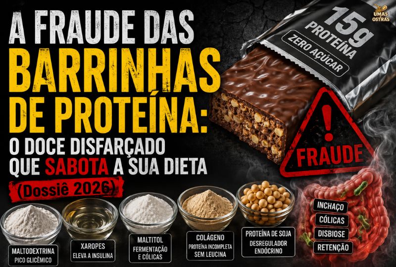 Capa de infográfico tático de biohacking para o 'Dossiê 2026' sobre a fraude das barrinhas de proteína. À esquerda, tipografia agressiva em amarelo e branco gritando 'A FRAUDE DAS BARRINHAS DE PROTEÍNA: O DOCE DISFARÇADO QUE SABOTA A SUA DIETA (Dossiê 2026)'. À direita, uma barrinha de proteína real aberta mostrando '15g PROTEÍNA' e 'ZERO AÇÚCAR', com um carimbo vermelho triangular gritando 'FRAUDE'. No rodapé, cinco tigelas de vidro com ingredientes oculas: 'MALTODEXTRINA PICO GLICÊMICO', 'XAROPES ELEVA A INSULINA', 'MALTITOL FERMENTAÇÃO E CÓLICAS', 'COLÁGENO PROTEÍNA INCOMPLETA SEM LEUCINA', 'PROTEÍNA DE SOJA DESREGULADOR ENDÓCRINO'. Uma ilustração anatômica do intestino expurgando fumaça com as palavras 'INCHAÇO', 'CÓLICAS', 'DISBIOSE', 'RETENÇÃO'. Título alternativo SEO: 'A Fraude das Barrinhas de Proteína: Doce Fit que Faz Mal (Dossiê 2026)'.