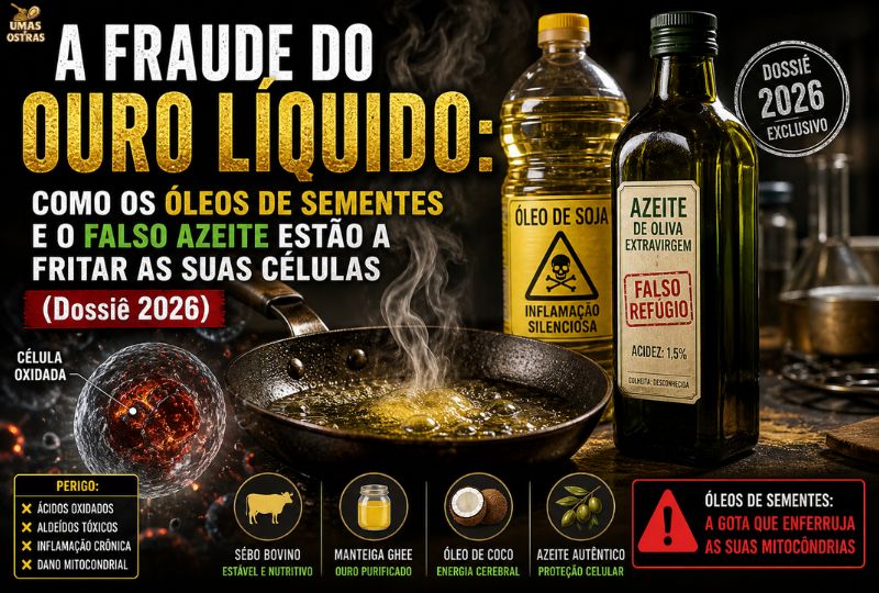 Infográfico de biohacking mostrando o perigo dos óleos vegetais. No centro, uma frigideira com óleo fumegante gerando aldeídos tóxicos. À direita, uma garrafa de óleo de soja com símbolo de veneno (Inflamação Silenciosa) e uma garrafa de Azeite Extravirgem rotulada como Falso Refúgio (Acidez 1,5%). À esquerda, a representação de uma célula oxidada com risco de dano mitocondrial. Na base, ícones das gorduras ancestrais seguras: Sebo Bovino, Manteiga Ghee, Óleo de Coco e Azeite Autêntico. Texto central: A Fraude do Ouro Líquido.