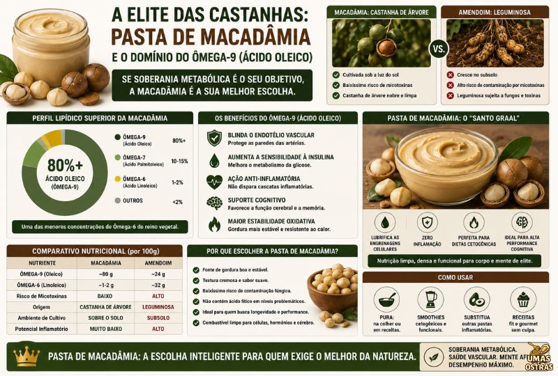 Infográfico Sobre Pasta de Macadâmia, Ômega-9, Ácido Oleico e Saúde Metabólica