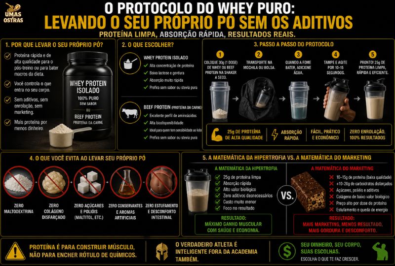 Infográfico mostrando como utilizar whey protein isolado ou beef protein puro em shaker como alternativa prática às barrinhas proteicas cheias de aditivos e açúcares ocultos.