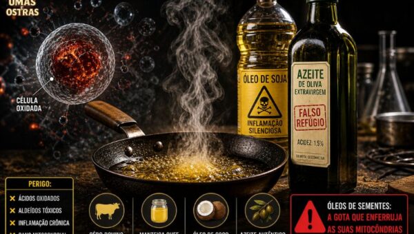 Infográfico de biohacking mostrando o perigo dos óleos vegetais. No centro, uma frigideira com óleo fumegante gerando aldeídos tóxicos. À direita, uma garrafa de óleo de soja com símbolo de veneno (Inflamação Silenciosa) e uma garrafa de Azeite Extravirgem rotulada como Falso Refúgio (Acidez 1,5%). À esquerda, a representação de uma célula oxidada com risco de dano mitocondrial. Na base, ícones das gorduras ancestrais seguras: Sebo Bovino, Manteiga Ghee, Óleo de Coco e Azeite Autêntico. Texto central: A Fraude do Ouro Líquido.