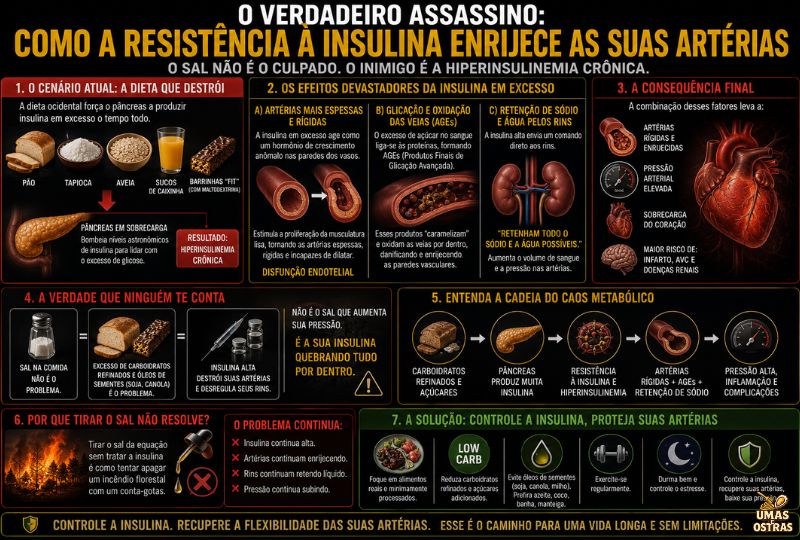 Infográfico mostrando como resistência à insulina, excesso de carboidratos refinados e hiperinsulinemia podem contribuir para rigidez arterial, inflamação e aumento da pressão arterial.