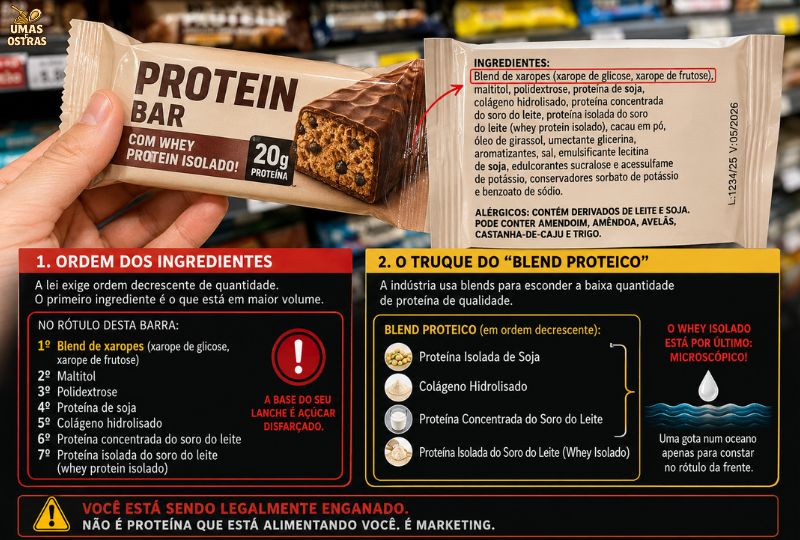 Imagem educativa mostrando uma barrinha de proteína com destaque para a lista de ingredientes, explicando como xaropes, maltitol e blends proteicos aparecem antes do whey isolado na composição.