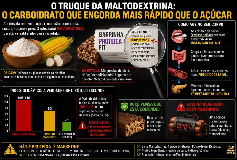 Infográfico educativo mostrando como a maltodextrina presente em barrinhas proteicas possui índice glicêmico mais alto que o açúcar, causando pico de glicose e insulina no organismo.