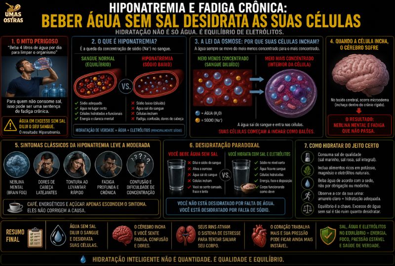 Infográfico explicando como o excesso de água sem reposição adequada de sódio e eletrólitos pode contribuir para hiponatremia, fadiga, tontura, brain fog e desequilíbrio celular.