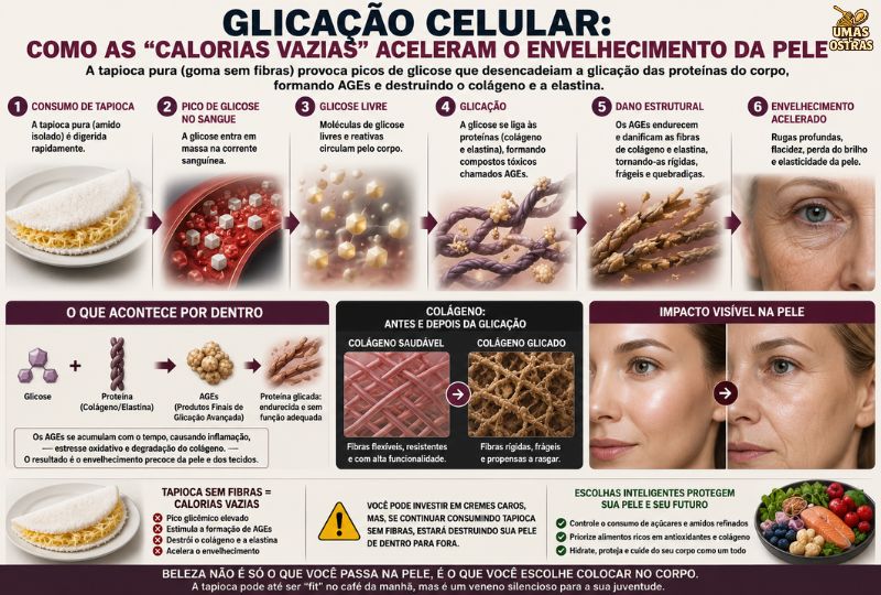 Infográfico Sobre Glicação, Colágeno e Envelhecimento da Pele Causado por Açúcar e Tapioca