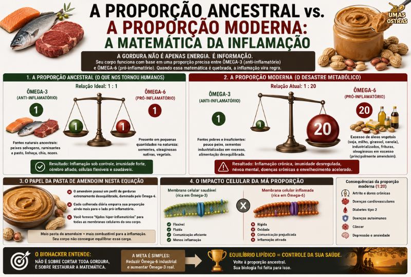 Infográfico Sobre Ômega-3, Ômega-6, Inflamação Crônica e o Impacto da Pasta de Amendoim