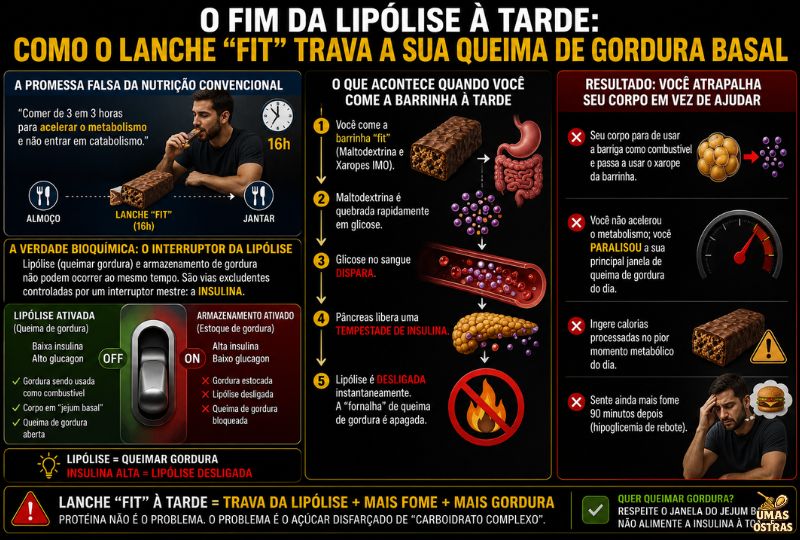 Infográfico explicando como barrinhas “fit” com maltodextrina e xaropes aumentam a insulina, interrompem a lipólise e dificultam a queima de gordura corporal no período da tarde.