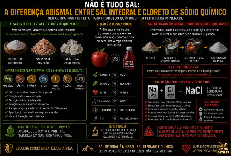 Infográfico comparando sal integral e sal refinado, destacando minerais presentes no sal natural e o processo industrial de refino do cloreto de sódio.