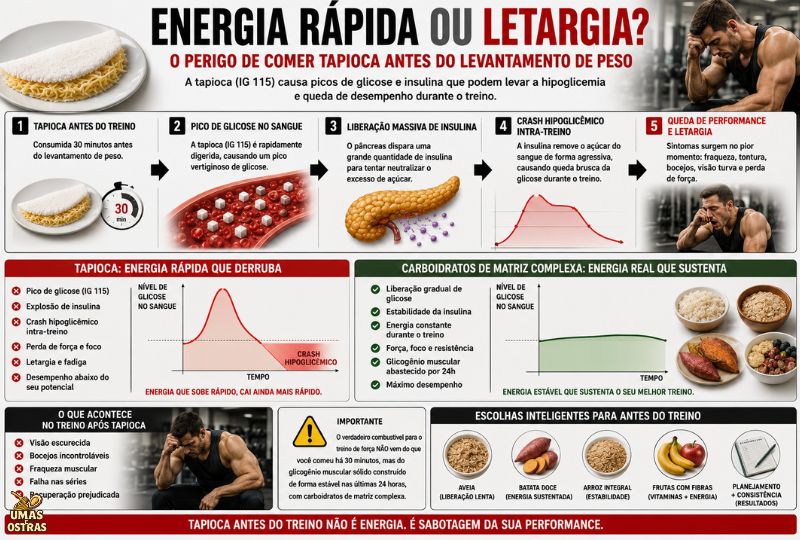 Infográfico Sobre Tapioca Pré-Treino: Pico de Insulina, Hipoglicemia e Queda de Performance