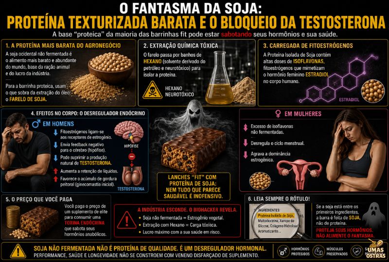 Infográfico explicando os possíveis efeitos hormonais da proteína isolada de soja presente em barrinhas proteicas, incluindo fitoestrógenos, extração química com hexano e impacto na testosterona.