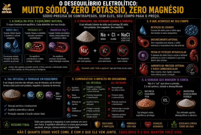 Infográfico explicando a relação entre sódio, potássio e magnésio no equilíbrio eletrolítico, mostrando impactos na retenção de líquidos, pressão arterial e função vascular