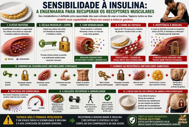 Infográfico Sobre Sensibilidade à Insulina, Resistência Insulínica e Impacto da Tapioca no Metabolismo