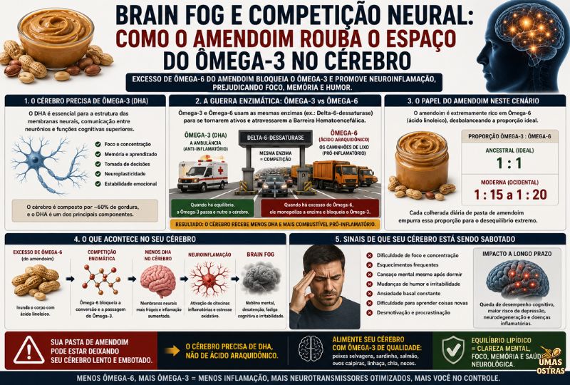 Infográfico Sobre Ômega-3, Ômega-6, Brain Fog e Neuroinflamação Relacionada à Pasta de Amendoim