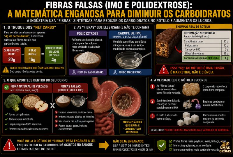 Infográfico mostrando como polidextrose e xarope de IMO são usados em barrinhas proteicas para reduzir artificialmente os carboidratos líquidos no rótulo e mascarar açúcares ocultos.