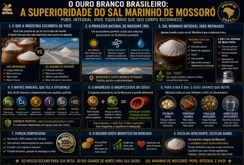 Infográfico destacando o sal marinho integral de Mossoró, no Rio Grande do Norte, mostrando minerais naturais, processo de evaporação solar e diferenças em relação ao sal refinado.