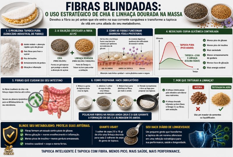 Infográfico Sobre Tapioca com Chia e Linhaça: Controle Glicêmico, Fibras e Saúde Intestinal