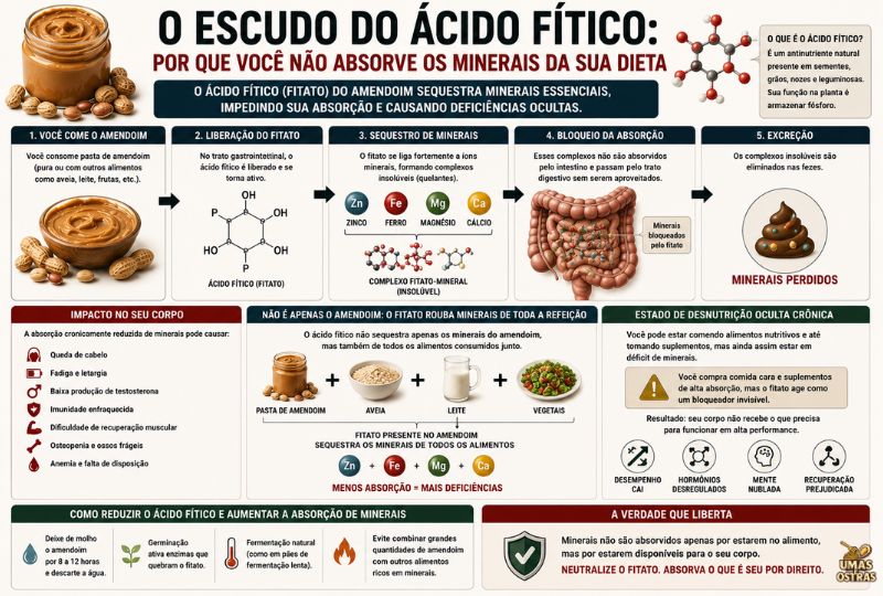 Infográfico Sobre Ácido Fítico no Amendoim, Fitatos e Bloqueio da Absorção de Zinco, Ferro e Magnésio