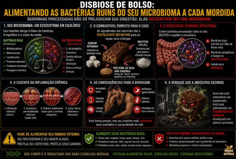 Infográfico explicando como barrinhas proteicas ultraprocessadas podem favorecer bactérias nocivas no intestino, causar disbiose intestinal, inflamação e desequilíbrio do microbioma.