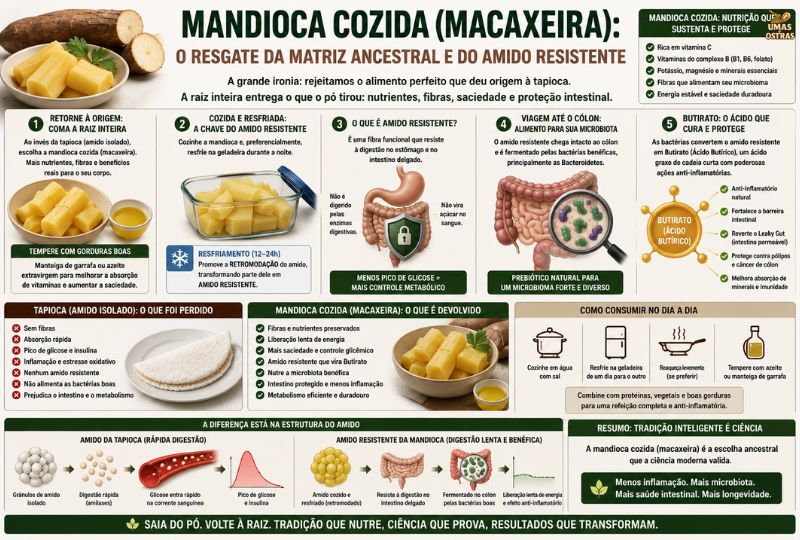 Infográfico Sobre Macaxeira Cozida, Amido Resistente e Benefícios da Mandioca Integral