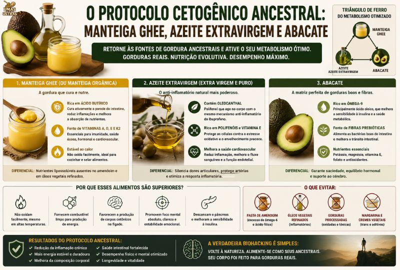 Infográfico Sobre Dieta Cetogênica Ancestral com Ghee, Azeite e Abacate Para Saúde Metabólica
