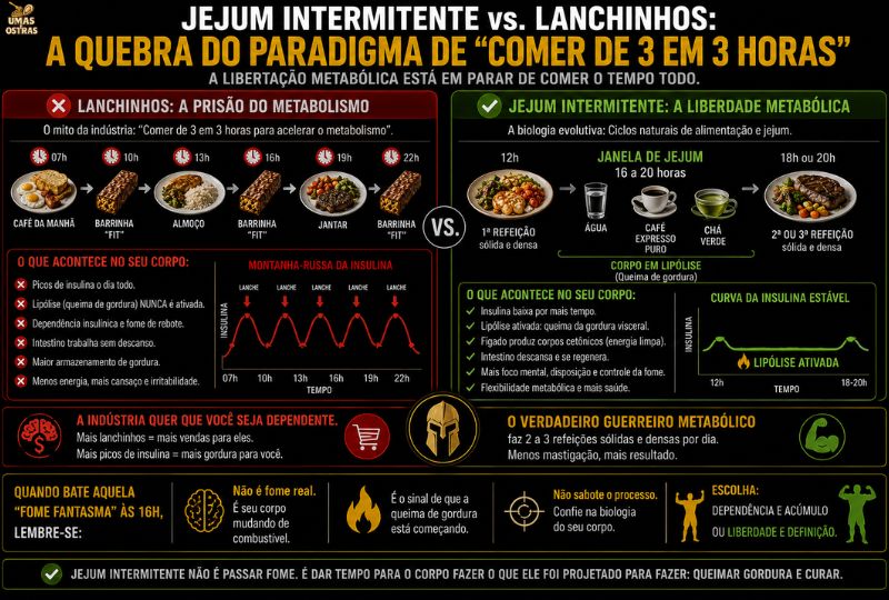 Infográfico comparando jejum intermitente e lanches frequentes, mostrando os efeitos da insulina, lipólise, energia e flexibilidade metabólica no corpo.